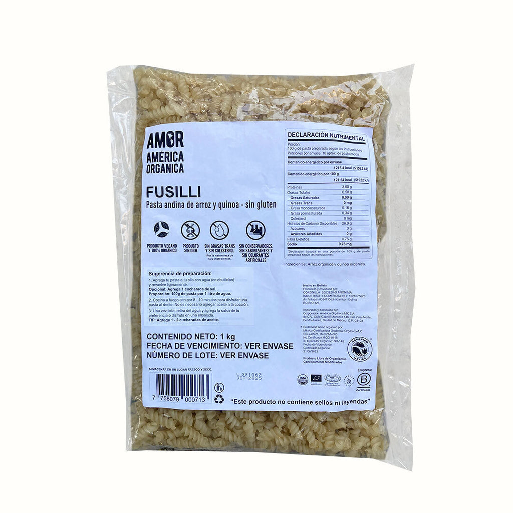 Pasta Orgánica Fusilli de Arroz y Quinoa Sin Gluten América Orgánica 1 kg