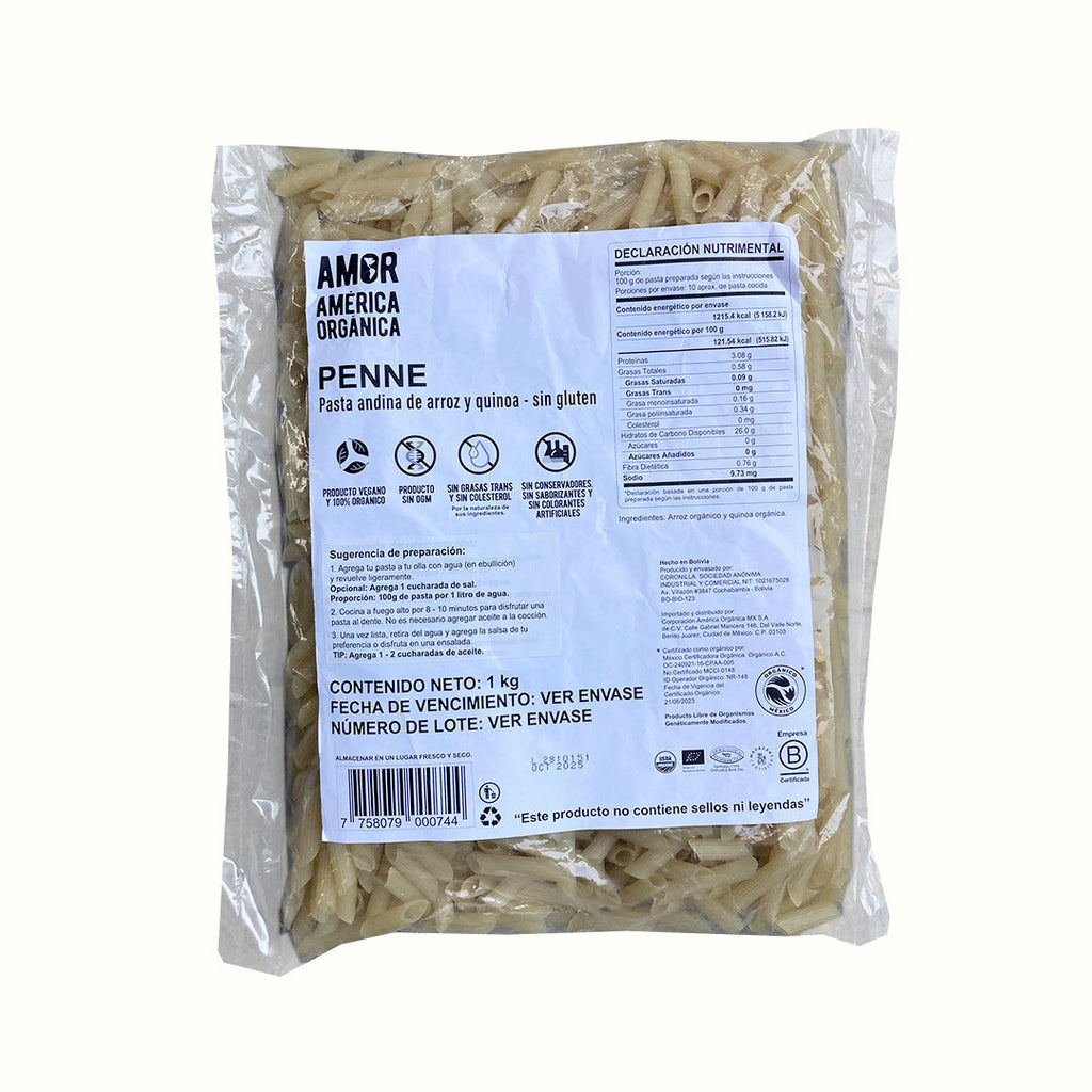 Pasta Orgánica Penne de Arroz y Quinoa Sin Gluten América Orgánica 1 kg